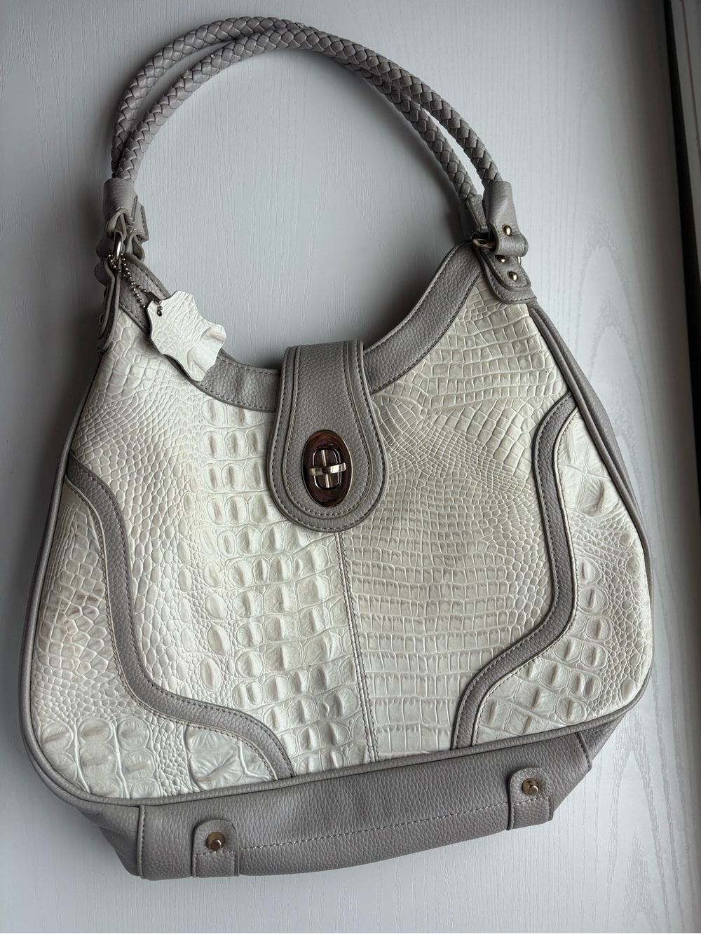 Madi Claire Vintage Ivory Animal Print Shoulder Bag with Light Gray Trim